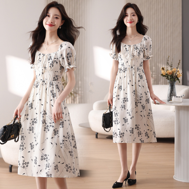 2024新款夏季女装女时尚修身显瘦方领中长款碎花连衣裙子-阿里巴巴