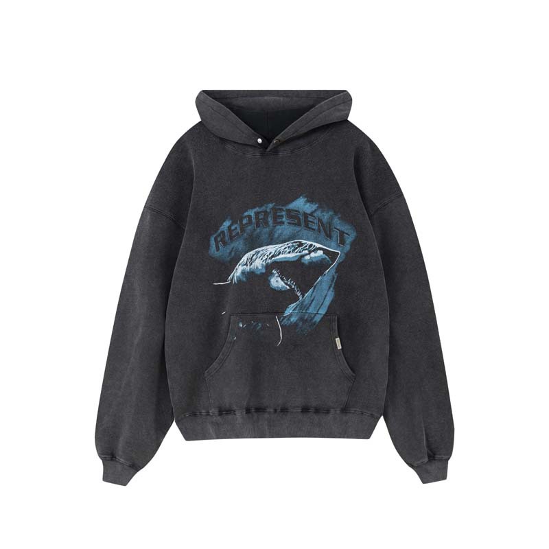 美潮高街休闲represent洗水卫衣鲨鱼头像字母印花嘻哈套头连帽衫
