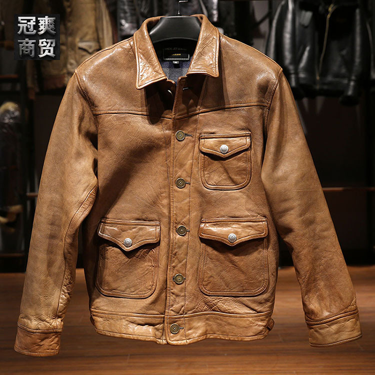 复刻rl真皮夹克男做旧不规则重水洗褶皱植鞣绵羊皮皮衣-阿里巴巴