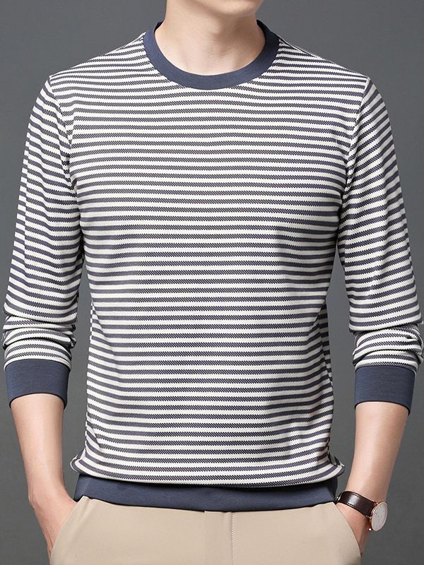 Huisheng Men's Autumn Men's round Neck Horizontal Striped Cotton Long-Sleeved T-shirt Men's Korean Style Fashion Brand Sweater Base Shirt Men's