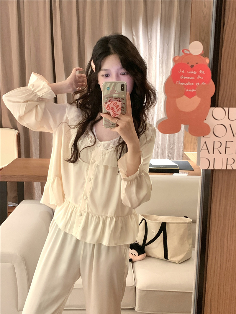 Autumn and Winter New French Ice Silk round Neck Sweet Princess Style Ruffled Long Sleeves Outerwear Homewear Pajamas Women's Suit