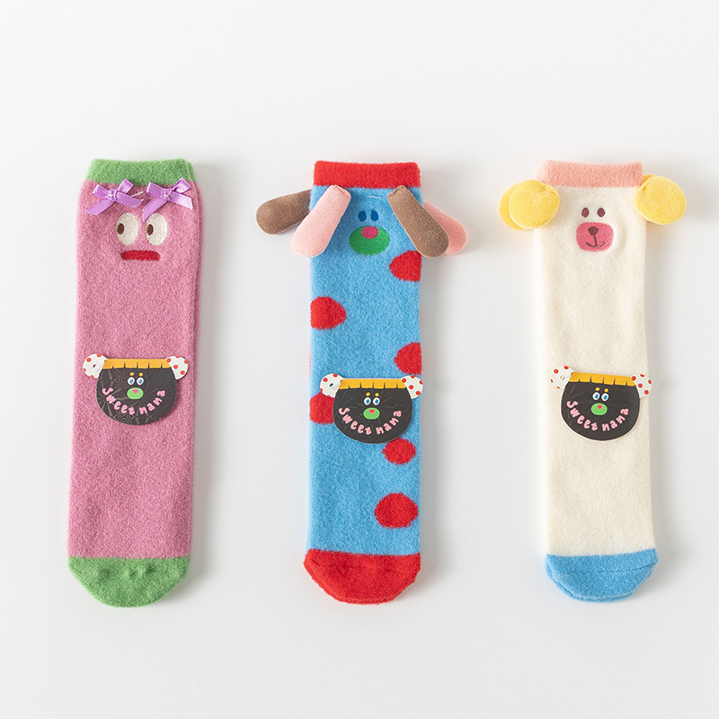 Autumn and Winter New Coral Fleece Women's Socks Cute Cartoon Extra Thick Thermal Middle Tube Socks Room Socks Parent-Child Sleeping Socks