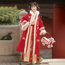冬季加绒红色汉服女宋制对襟保暖加厚连帽长褙子褶裙古装风拜年服