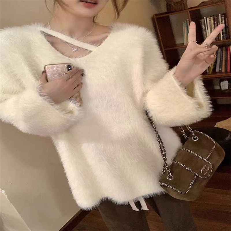 Autumn and Winter Mink-like Wool Soft Glutinous Sweater Sweater Women's Gentle and Comfortable Outer Wear Niche Design Top