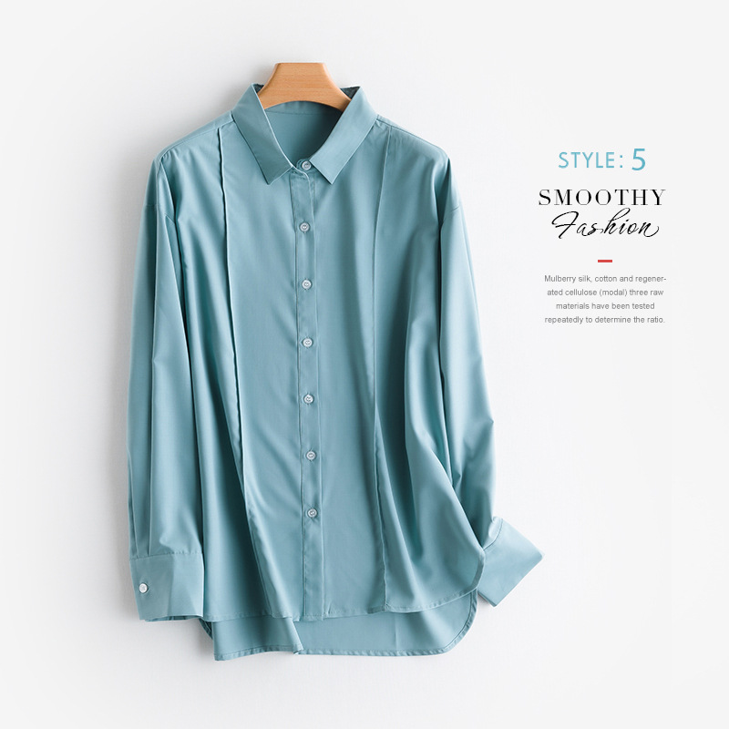 博隆新款热销莫代尔女衬衫宽松奢华衬衫纯色开叉系列性感长袖上衣