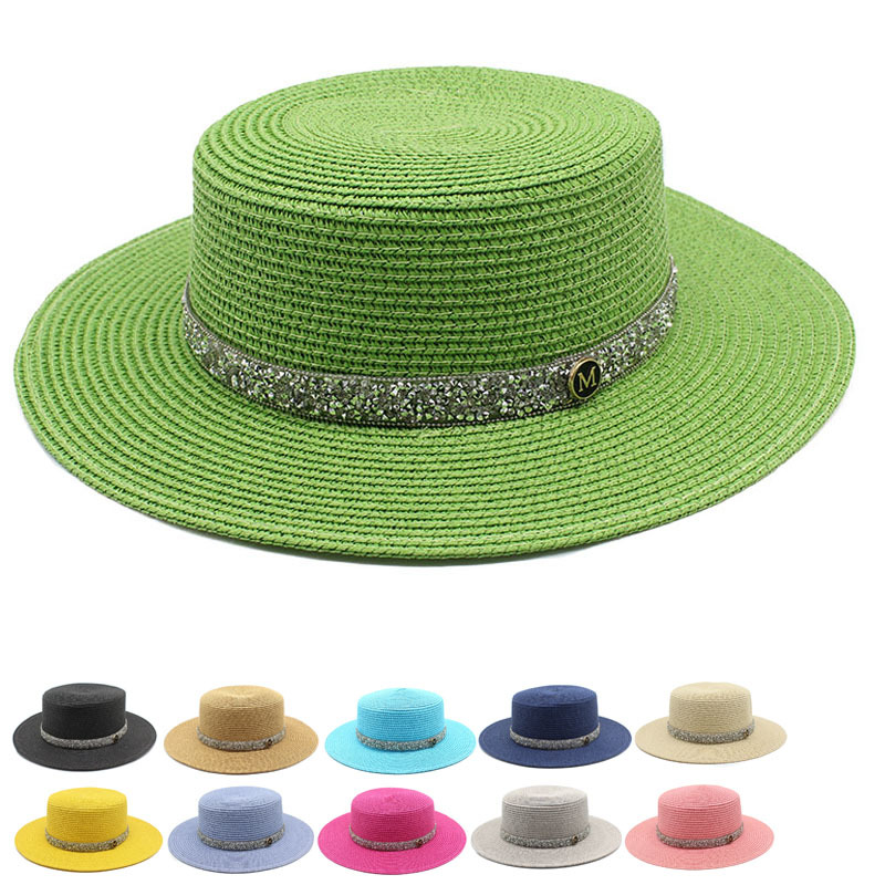 防晒帽女 夏季时尚水钻m标礼帽户外休闲沙滩帽简约草绿色遮阳帽