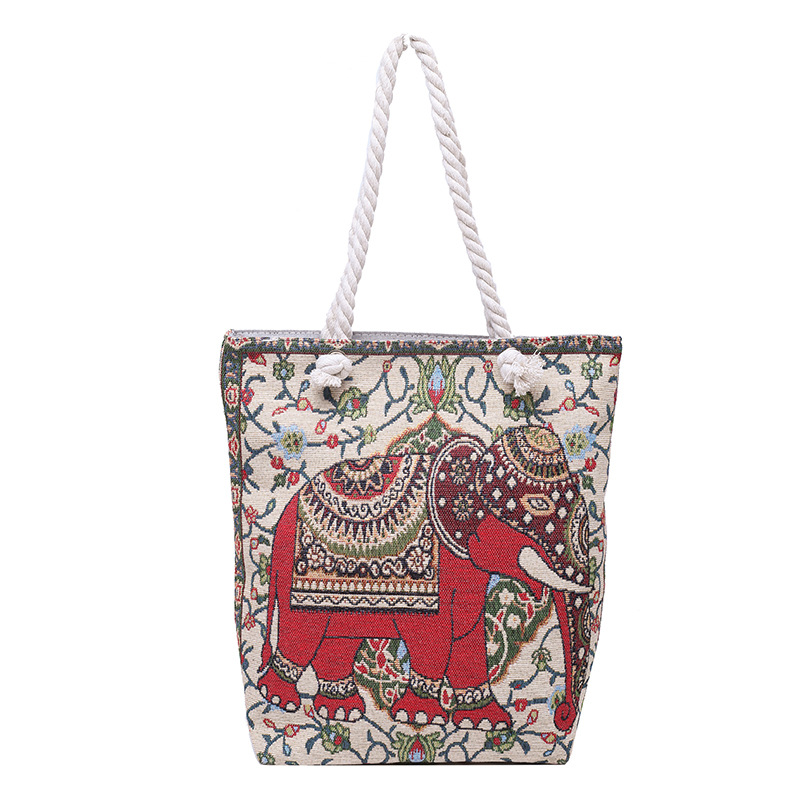 Double-Sided Ethnic Style Embroidered Elephant Bag Gold Thread Yarn-Dyed Peacock Bag Travel Shoulder Women's Bag Street Fashion Shopping Bag