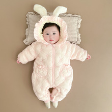 pf133新款可爱兔耳朵保暖加绒加厚婴儿冬季连体衣新生儿保暖抱衣