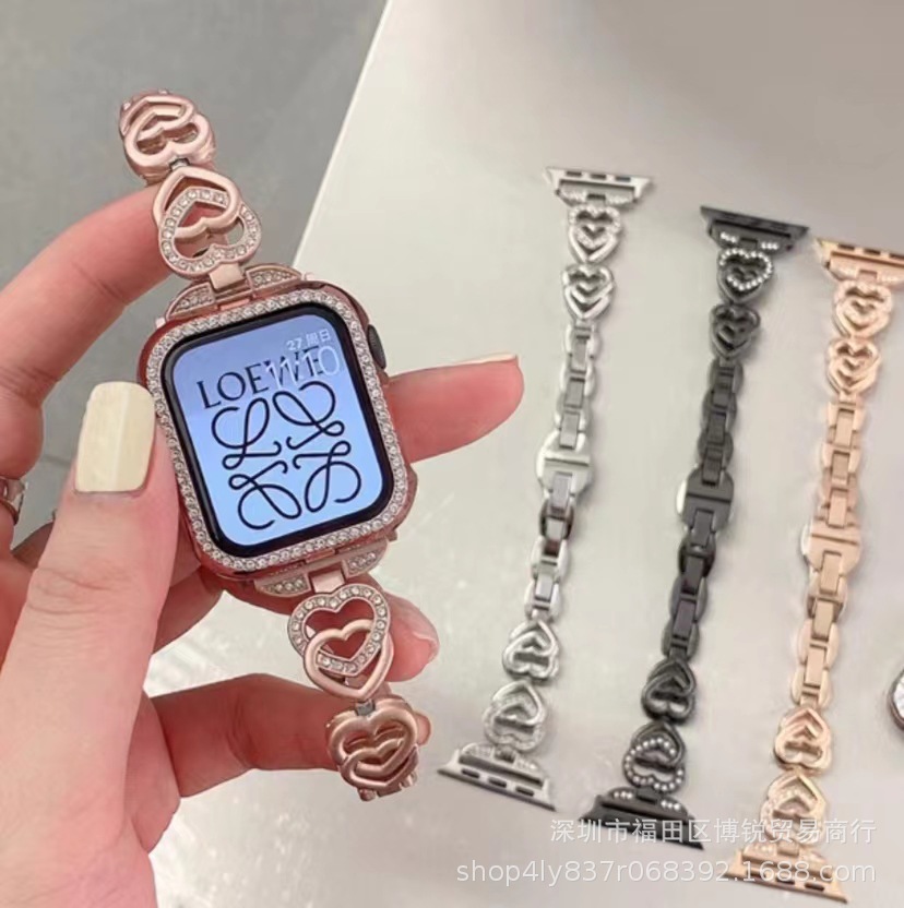 适用苹果华为三星22m手表带iwatch76se45678代蝴蝶扣金属爱心链条