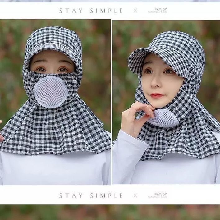 Sun Protection Small Plaid Half Brim Face and Neck Protection Sun Hat under the Ground Spray Insecticide Farm Busy Full Face Mask Shawl Sun Hat