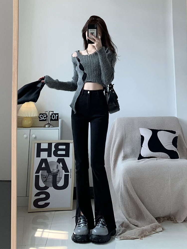 Micro-Pull Split Jeans for Women 2023 Autumn and Winter New High Waist Slim Slimming Small Flared Horseshoe Pants