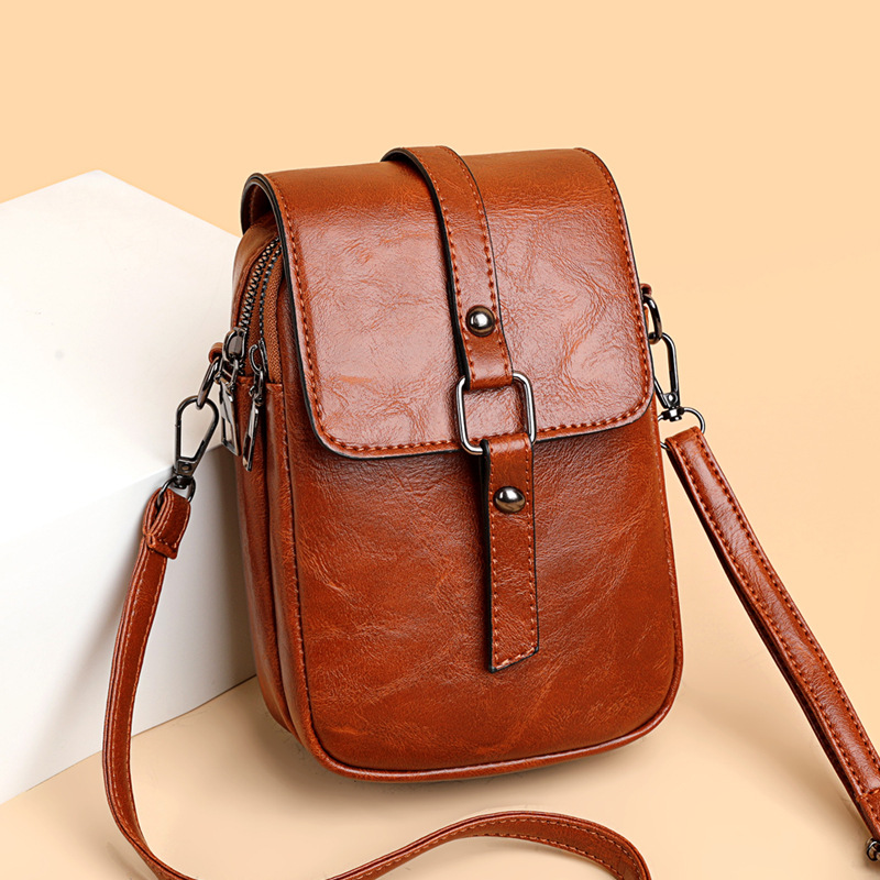 Oily Leather Retro Packet Double Layer Large Capacity Mobile Phone Bag Change Packet 2021 Trendy Versatile Bag Crossbody Bag