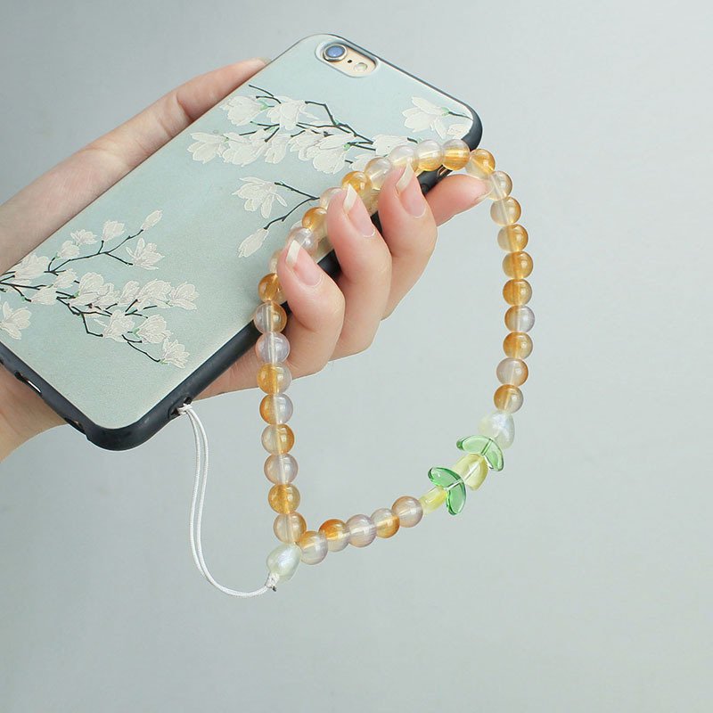 Ins Style Beaded Phone Chain Lanyard Green Leaf Cute Creative Tulip Short Wrist Strap Drop-Resistant Ancient Style Ornaments