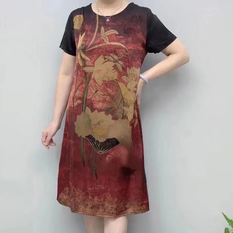 Summer 2022 New round Neck Positioning Printed Short-Sleeved Dress Western Style All-Matching Skirt plus Size Women's Mom Clothing