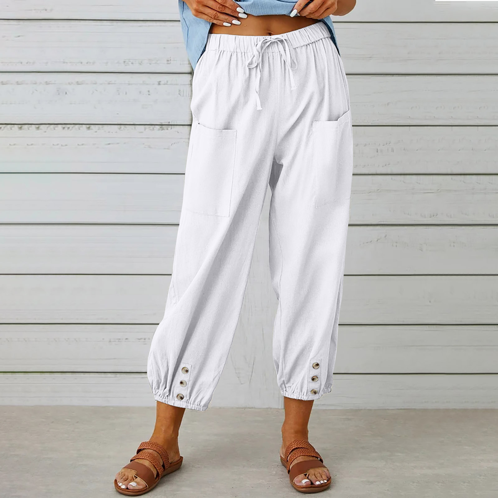 2023 New Europe and America Cross Border Amazon Wish Loose High Waist Button Cotton and Linen Trousers Cropped Pants Wide Leg Women's Pants