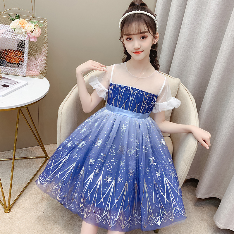 女童儿童夏装2021新款童装中大童六一节演出服蓝色冰雪奇缘连衣裙