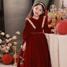 花童婚礼小女孩红色礼服春季女童长袖公主裙儿童主持人钢琴演出服