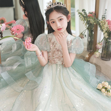 儿童礼服公主裙绿色女童高端森系模特走秀小主持人钢琴演奏演出服