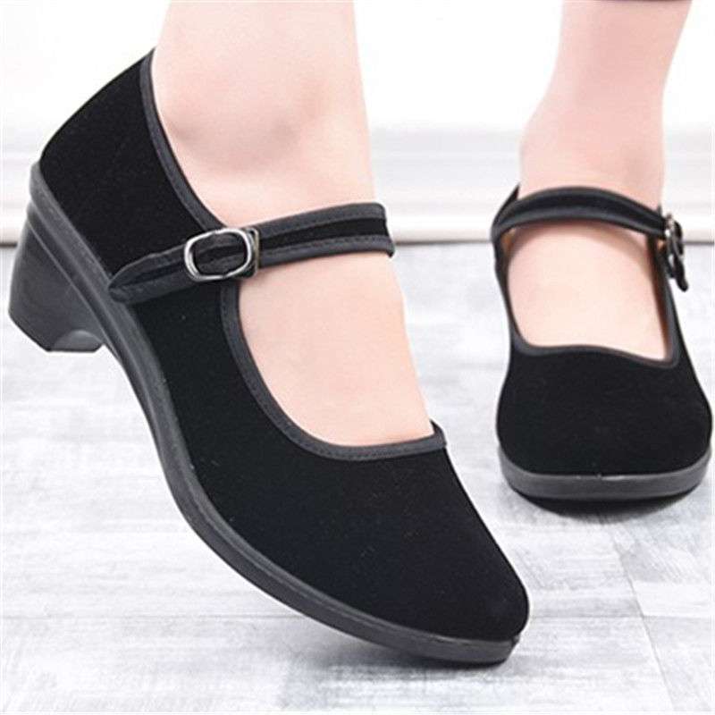 老北京布鞋妈妈高跟老布鞋坡跟平绒工作女鞋中跟通勤鞋老婆舞蹈鞋