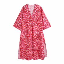 1642-2021夏季新款女装批发 欧美时尚复古印花开叉连衣裙长裙