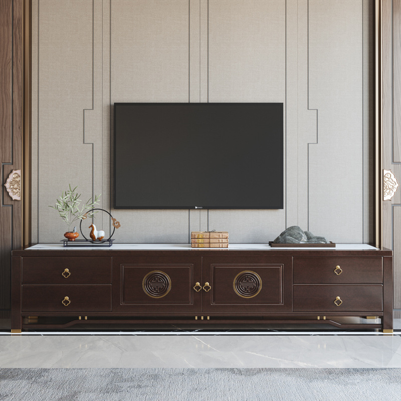 新中式岩板电视柜组合全实木影视柜禅意轻奢地柜现代简约客厅家具