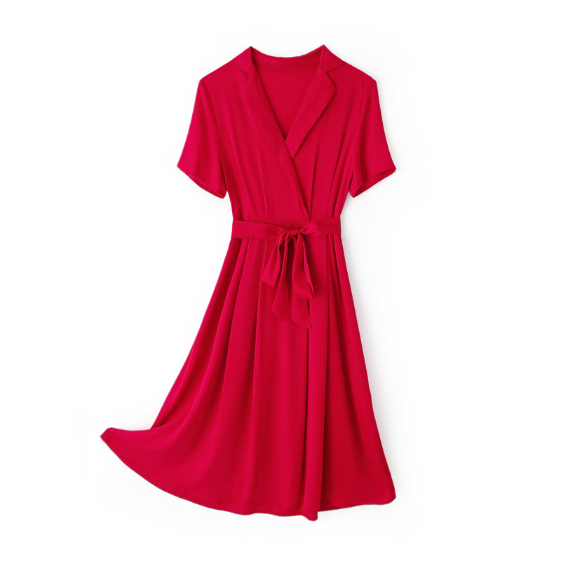 平铺图 重磅气质收腰显瘦桑蚕丝长裙法式真丝大摆大红色连衣裙