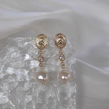 气质小姐姐头像金币不规则天然巴洛克淡水珍珠耳环耳坠耳饰耳钉潮