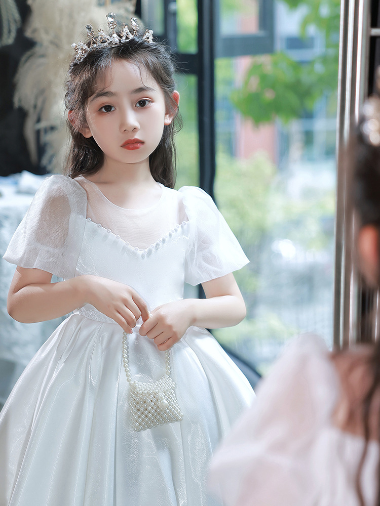 女童礼服2022款白色公主蓬蓬裙儿童主持人走秀钢琴演奏演出服夏季