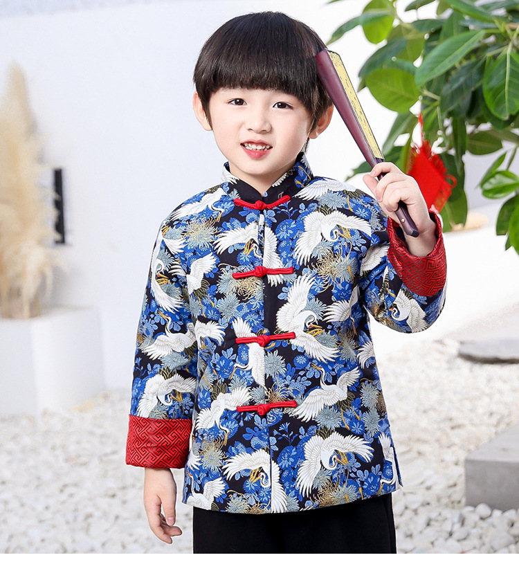 儿童唐装冬汉服男童新年装加厚中国风新年装宝宝中式礼服国潮仙鹤