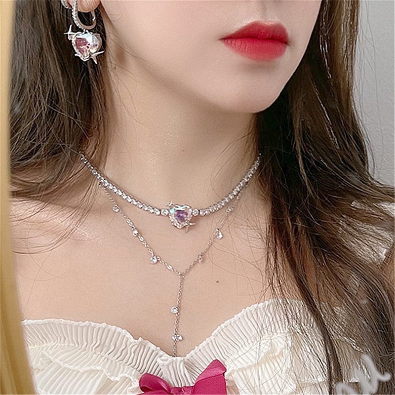 Pink Diamond Loving Heart Zircon Necklace Set Light Luxury Full Diamond Sweet Cool Hot Girl Style Clavicle Chain Earrings Ear Pins Set