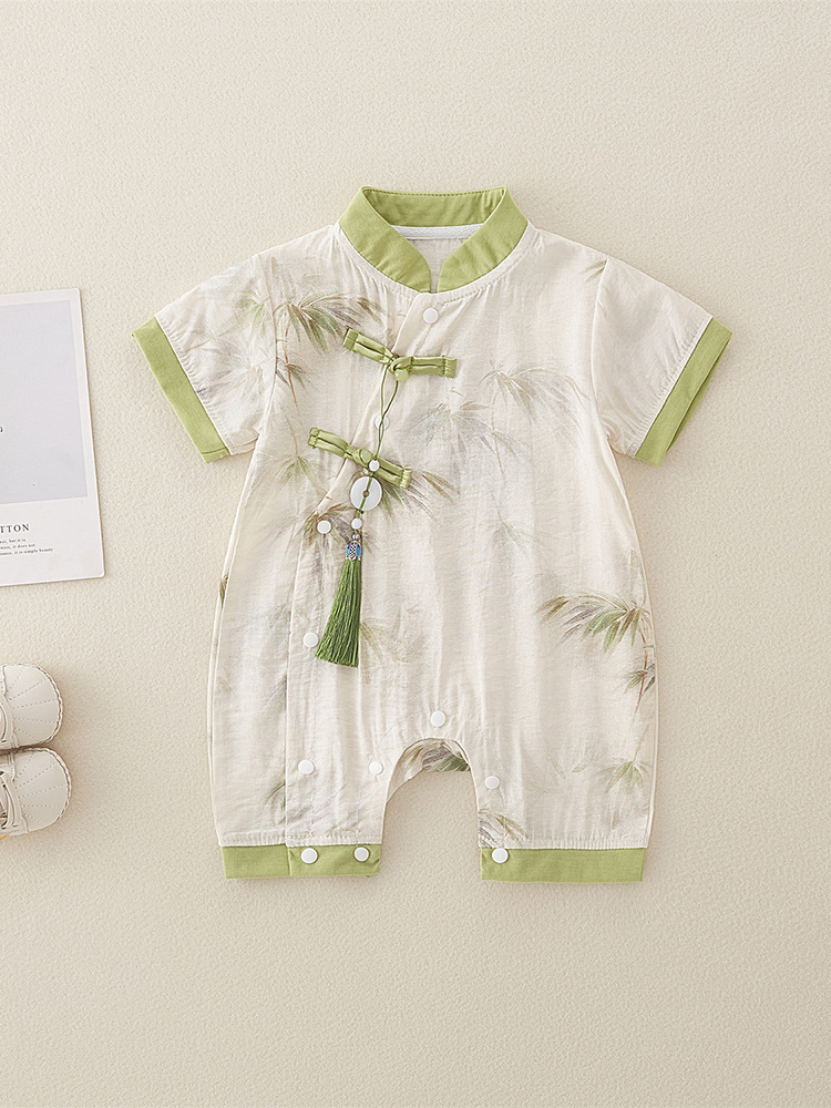 夏季新款新生儿衣服a类棉婴儿连体衣男童中式复古宝宝哈衣爬爬服