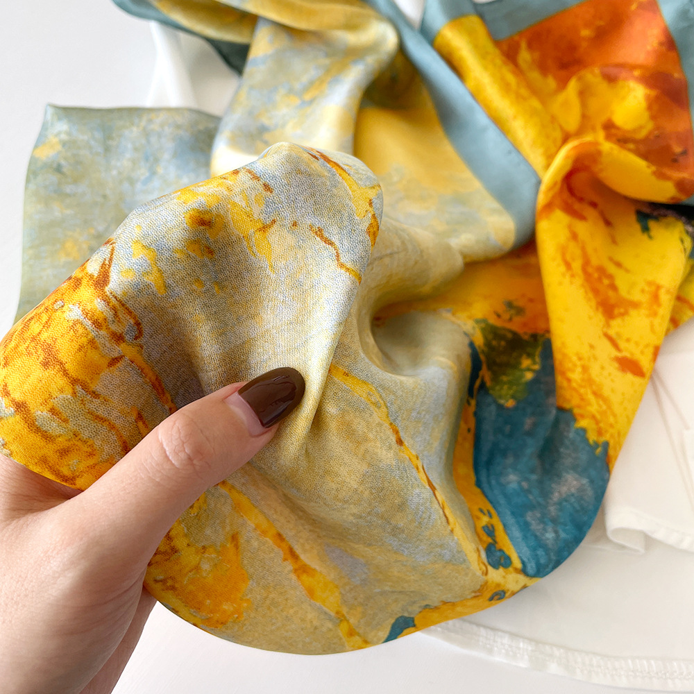 Small Silk Scarf Spring and Autumn Print New Artificial Silk Square Scarf Women's Fashion Scarf High Sense Small Scarf Wholesale All-Matching