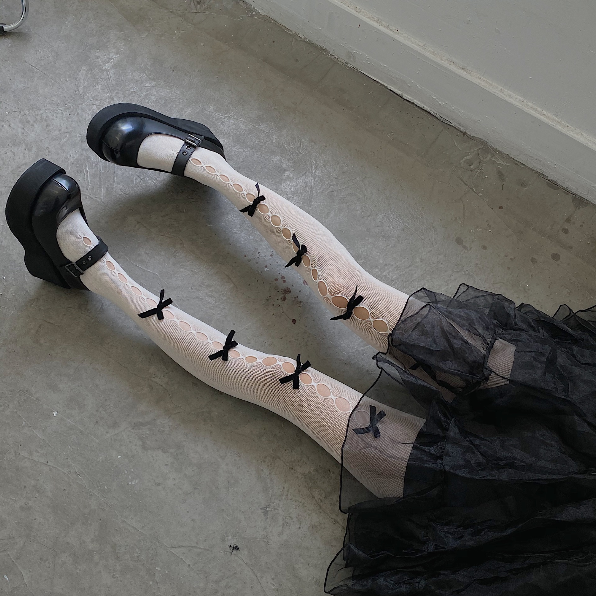 黑色丝袜蝴蝶结连裤袜白色lolita镂空复古日系性感黑丝洛丽塔