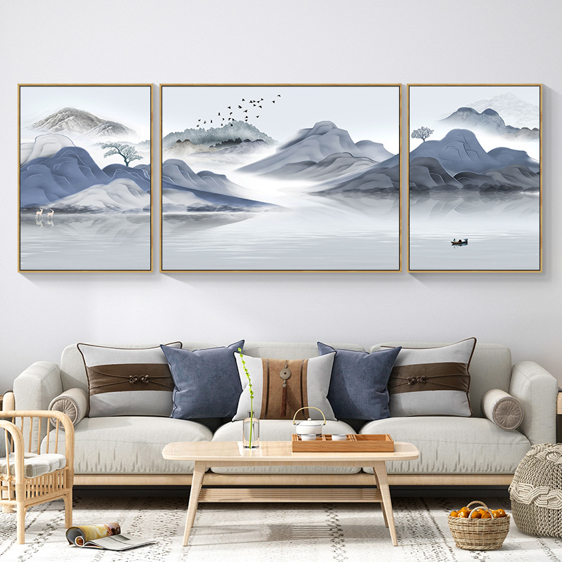 客厅装饰画水墨禅意山水画新中式沙发背景墙挂画现代简约三联壁画