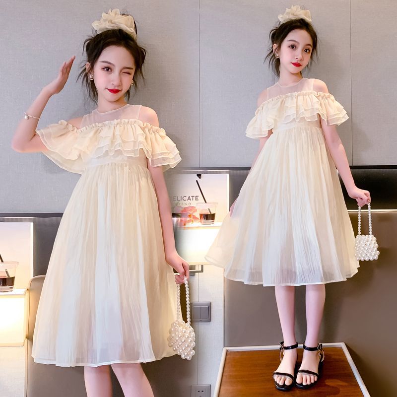 女童露肩纱裙夏季新款连衣裙洋气儿童过膝长裙夏女孩背心公主裙子