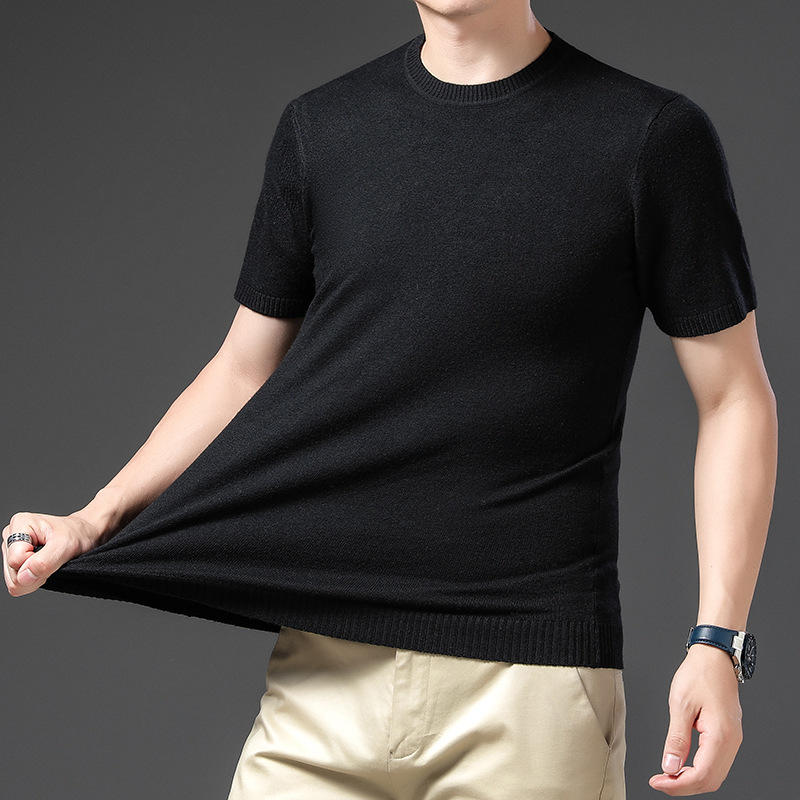 秋冬短袖针织衫男士圆领纯色修身中青年针织半袖上衣男打底衫批发