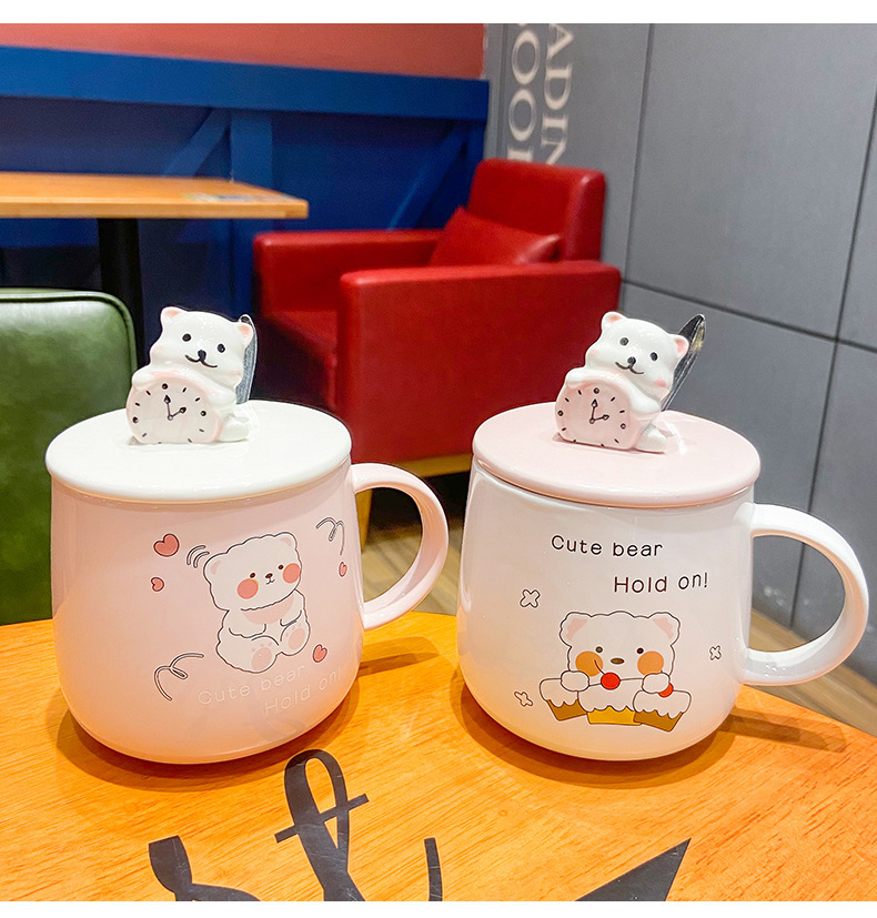 韩式卡通可爱个性手绘小熊陶瓷杯家用带盖勺马克杯活动小礼品杯子