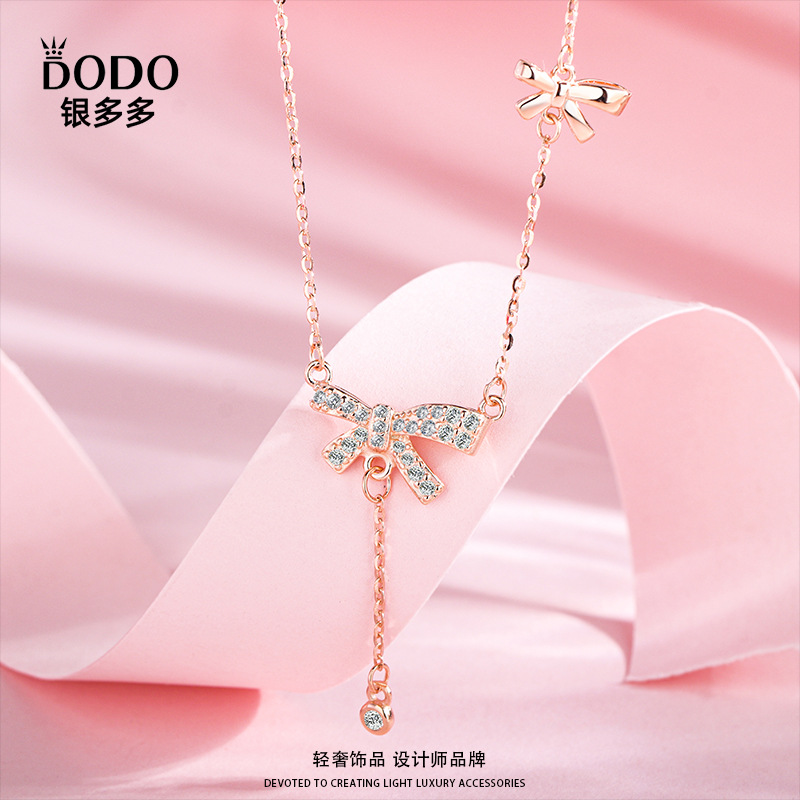 S925 Sterling Silver Bow Necklace Super Fairy Girl Style Diamond Shiny Sweet Clavicle Chain Summer Versatile Necklace