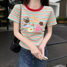 彩虹条纹短袖T恤女2024夏季新款刺绣卡通圆领甜辣妹短款修身上衣