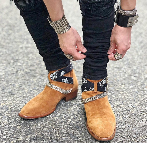 高街腰花amiri切尔西靴尖头马丁靴男个性牛仔真皮搭扣短靴链条