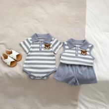 2024夏季新品婴儿衣服休闲简约男宝宝灰键条立领小熊绣花哈衣套装