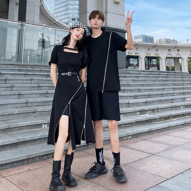 小众设计感情侣装夏装ins港风短袖t恤收腰气质连衣裙一衣一裙潮流