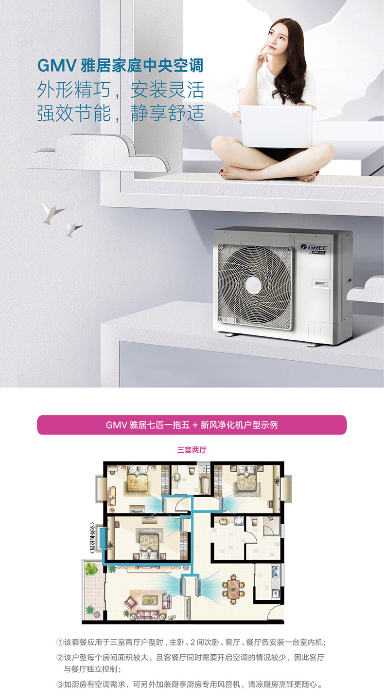 格力中央空调雅居中央空调七匹一拖五 舒享家全热交换新风净化机