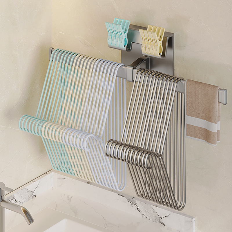 Drying Rack Storage Rack Punch-Free Wall-Mounted Organizing Shelves Home Balcony Clip Multi-Functional Hook Hanging Rod