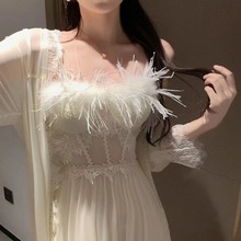 【完美无瑕】晨袍女新娘结婚羽毛性感吊带睡裙长款冰丝睡衣高级感