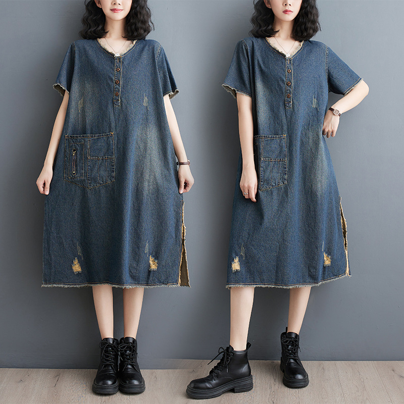 大码女装宽松版牛仔裙2024夏季新款韩版休闲显瘦牛仔中长款连衣裙