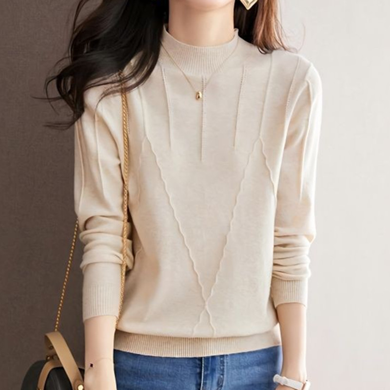 2024年新款米色内搭中领上衣薄款针织衫春秋半高领女士打底衫