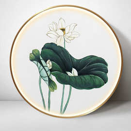 圆形荷花手绘油画现代简约玄关装饰画新中式花卉客厅餐厅挂画灯画