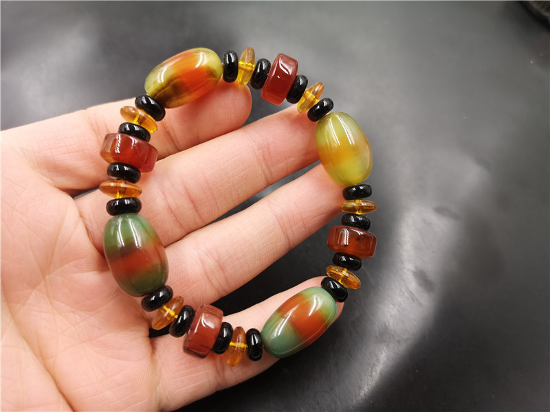 老玉匠 新款孔雀绿玛瑙桶珠手链 男女款三彩色玛瑙算盘珠手串