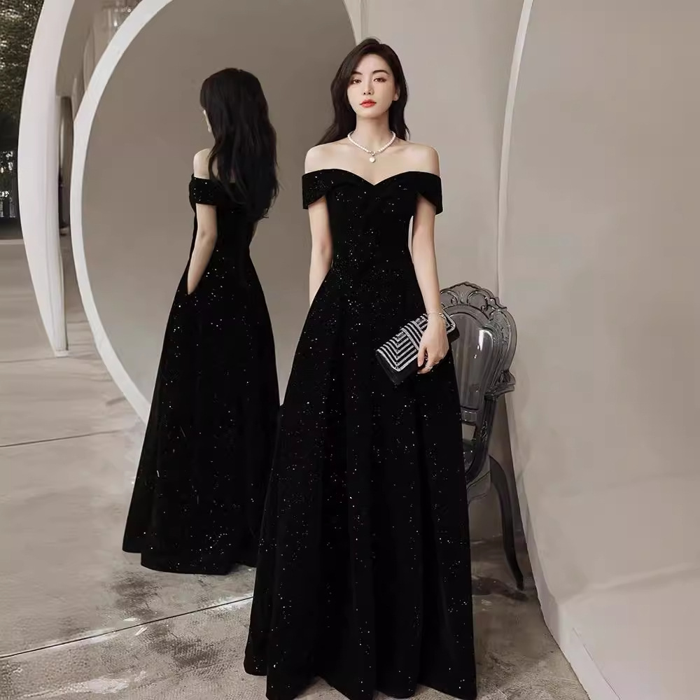 黑色晚礼服高级感一字肩主持人高端宴会气质轻奢小众显瘦丝绒礼服